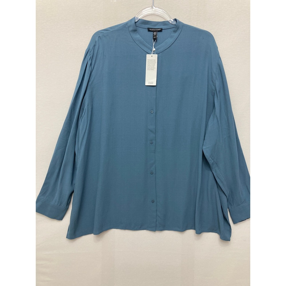 New Eileen Fisher Silk Georgette Crepe Blouse 1X Mandarin Collar Button Down